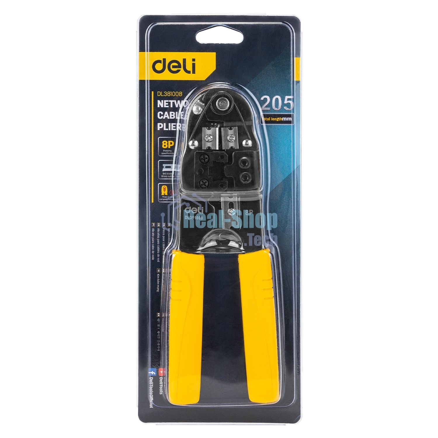 Обжимные клещи Deli DL381008 RJ45 Размер: 205мм. Спецификация обжима: 8P. Холоднокатаный стальной лист с черной отделкой, ручка из ПВХ. Лезвие SK5. Инструмент для зачистки проводов, кусачки и обжимной инструмент 3-в-1.