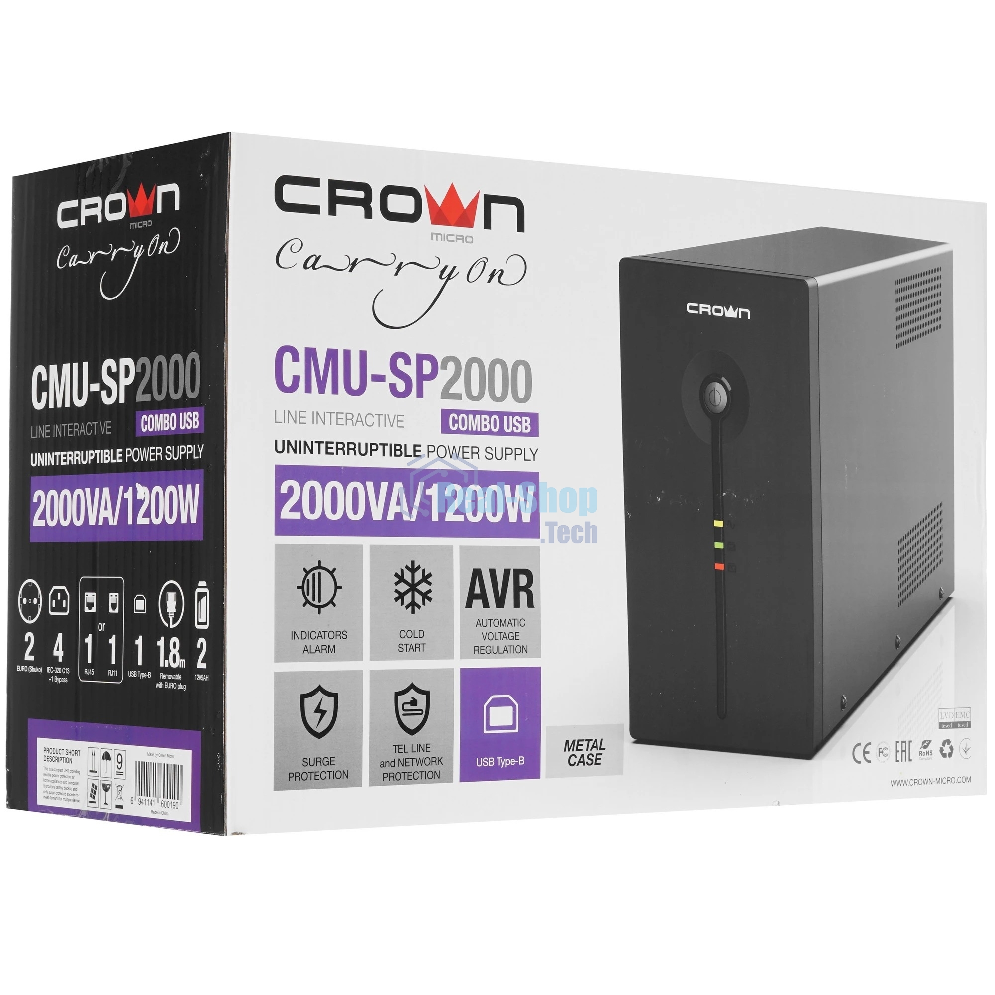 Источник бесперебойного питания Crown CMU-SP2000COMBO USB/2000 ВА/1200 Вт/9 x IEC 320 C13 (компьютерная)
