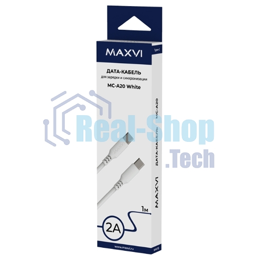 Кабель Maxvi MC-A20 white Type-C - Type-C, 2A ток макс. нагрузки 2А, макс. напряжение 5V, длина кабеля 1м, материал PVC, белый
