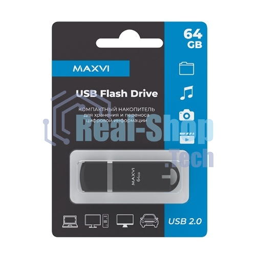Флешка USB R/W Maxvi P3 64Gb USB 2.0 black, монолит с колпачком, ABS пластик
