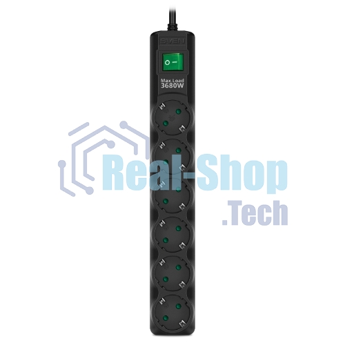 Сетевой фильтр SVEN SF-06E-16 3,0 м (6 розеток с защитными шторками,16А) черный, цветная коробка