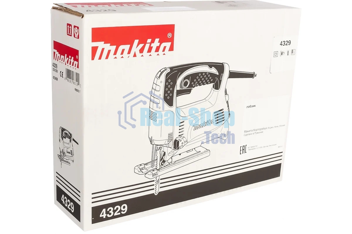 Лобзик электрический Makita 4329 Лобзик,в\рук, 450Вт,500-3100об\м,ход-18мм,рез-65мм,1.9кг,кор,маятн,Al подошва