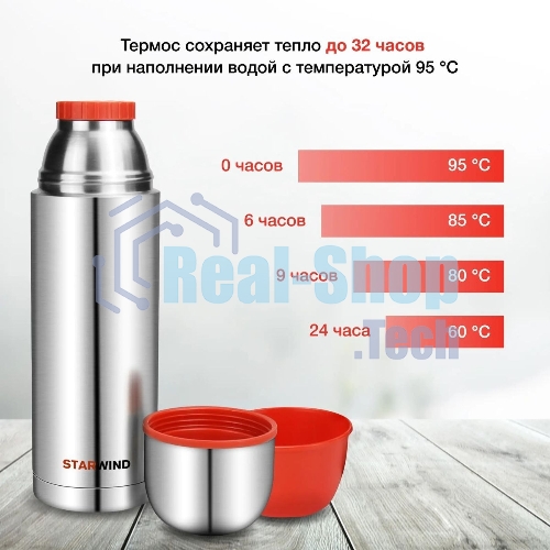 Термос Starwind 20-1200 1.2 л, серебристый/красный, картонная коробка