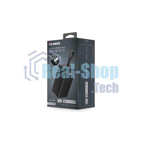 Портативный аккумулятор OLMIO M-50, 50000mAh, 22.5W, QuickCharge3.0/PowerDelivery, LCD, фонарик, черный