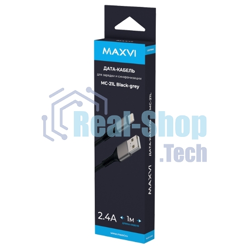 Дата-кабель Maxvi MC-21L USB-Lightning 2.4А, 1м, black-grey
