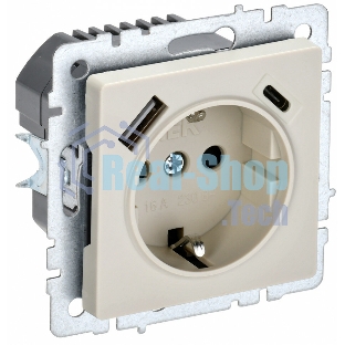 Розетка 1-местная IEK BRITE РЮш11-1-БрКр (BR-R14-16-U22-018-K10) с заземлением, с защитными шторками, 16А, с USB A+C 18 Вт, бежевый
