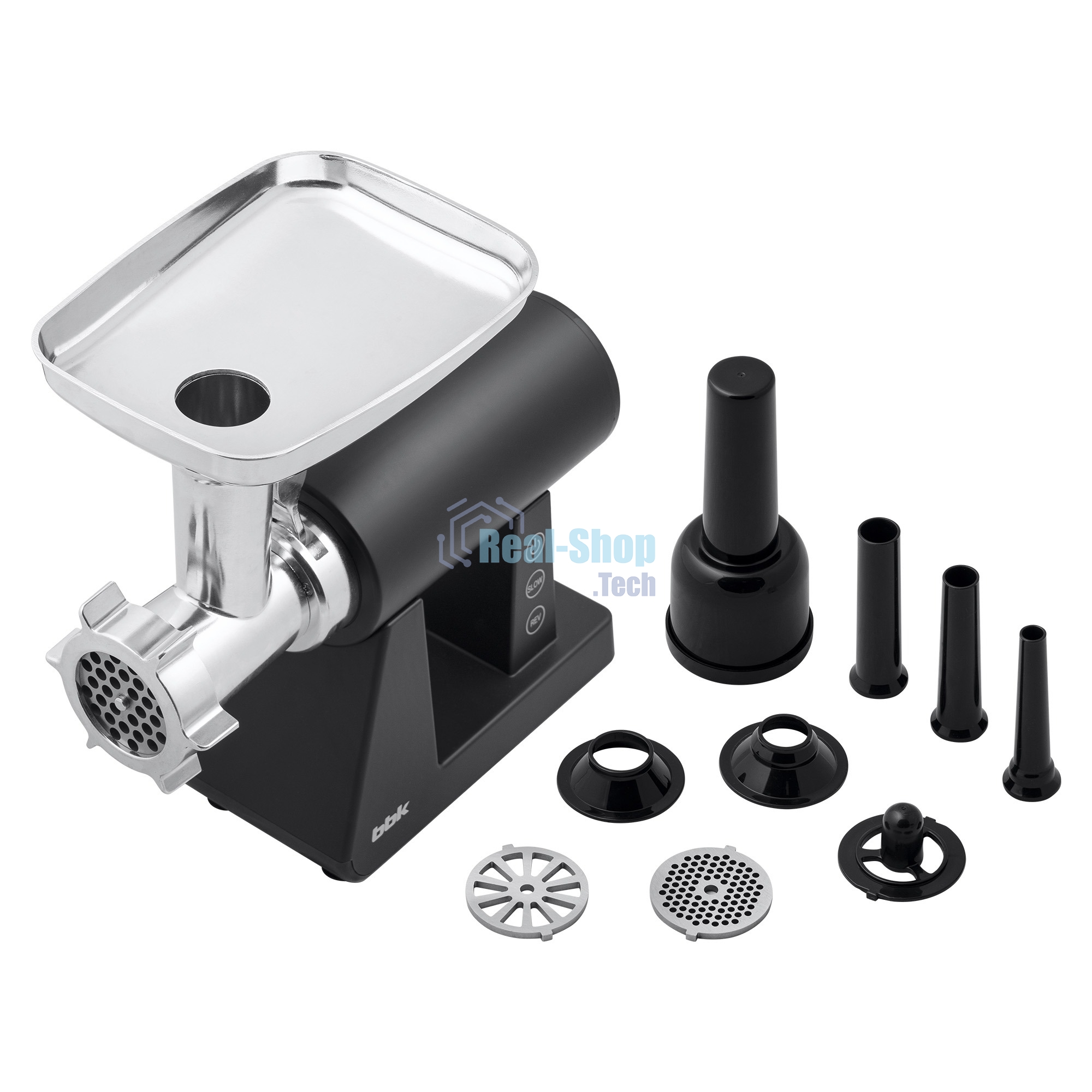 Мясорубка электрическая BBK MG3000 черный, 2500 Вт, 2.5 кг/мин, реверс, защита от перегрузки, металлический лоток, насадки - 7