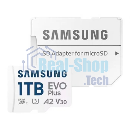 Флеш карта Samsung EVO Plus, microSDXC 1Tb, Class 10, A2, V30, UHS-I (U3), W 90 МБ/с, R 160 МБ/с, адаптер на SD