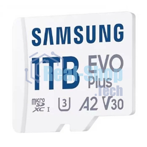 Флеш карта Samsung EVO Plus, microSDXC 1Tb, Class 10, A2, V30, UHS-I (U3), W 90 МБ/с, R 160 МБ/с, адаптер на SD