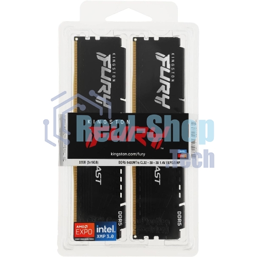 Оперативная память Kingston Fury Beast, DDR5, 32Gb (2x16Gb), 6400MHz, CL32, DIMM, с радиатором, черный