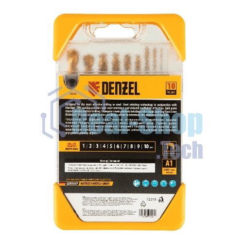 Набор сверл по металлу Denzel 1-10 мм, HSS-Tin, Golden Tip, 10 шт
