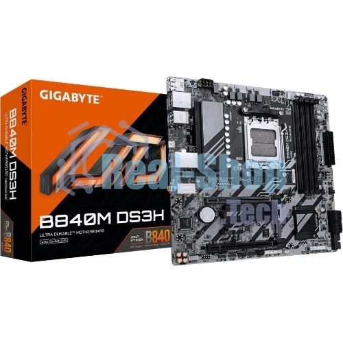 Материнская плата Gigabyte B840M DS3H, AM5, AMD B840, 4xDDR5, 4xSATA, 2xM.2, 1xPCIe 4.0 x16, 1xPCIe 3.0 x4, 2xDP, 1xHDMI, 1x2.5Gb LAN, 3xUSB-A 5Gbps, 8xUSB-A 2.0, 1xUSB-C 5Gbps, 3x3.5 мм, 7.1, mATX