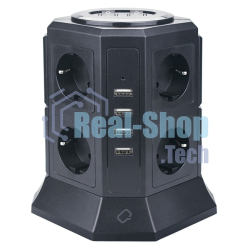 Сетевой фильтр Qumo Power Tower Pro 8SP4U (P-0002), 8 розеток, 2200 Вт, 10A, кабель 2 м 3*1 мм чистая медь, пожаробезопасный пластик, евровилка, 4 USB порта 4.5A суммарно