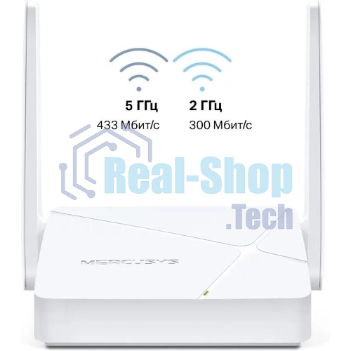 Роутер Mercusys MR20 AC750 Dual-Band Wi-Fi RouterSPEED: 300 Mbps at 2.4 GHz + 433 Mbps at 5 GHzSPEC: 2× Fixed External Antennas, 2× 10/100 Mbps LAN Ports, 1× 10/100 Mbps WAN PortFEATURE: Router/Access Point Mode Mode, WPS/Reset Button, IPTV, IPv6, Parental Controls