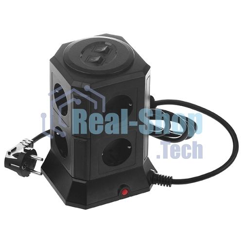 Сетевой фильтр Qumo Power Tower Pro 8SP4U (P-0002), 8 розеток, 2200 Вт, 10A, кабель 2 м 3*1 мм чистая медь, пожаробезопасный пластик, евровилка, 4 USB порта 4.5A суммарно