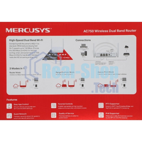 Роутер Mercusys MR20 AC750 Dual-Band Wi-Fi RouterSPEED: 300 Mbps at 2.4 GHz + 433 Mbps at 5 GHzSPEC: 2× Fixed External Antennas, 2× 10/100 Mbps LAN Ports, 1× 10/100 Mbps WAN PortFEATURE: Router/Access Point Mode Mode, WPS/Reset Button, IPTV, IPv6, Parental Controls