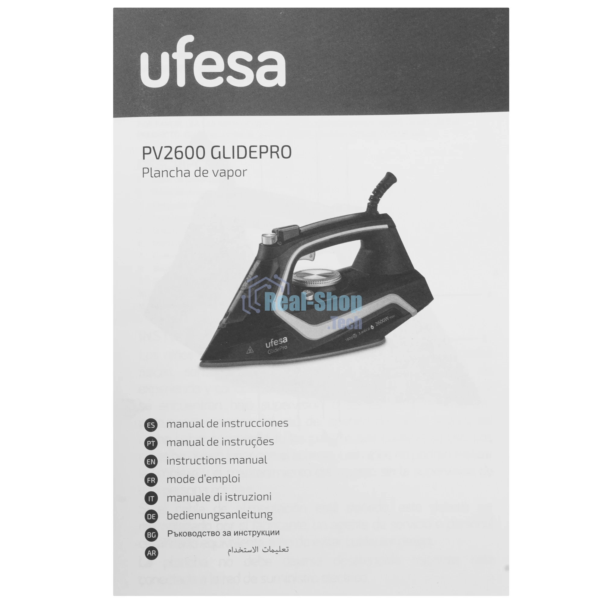 Утюг Ufesa PV2600 GLIDEPRO черный/голубой, 2600 Вт, 35 г/мин, 180 г/мин, 280 мл