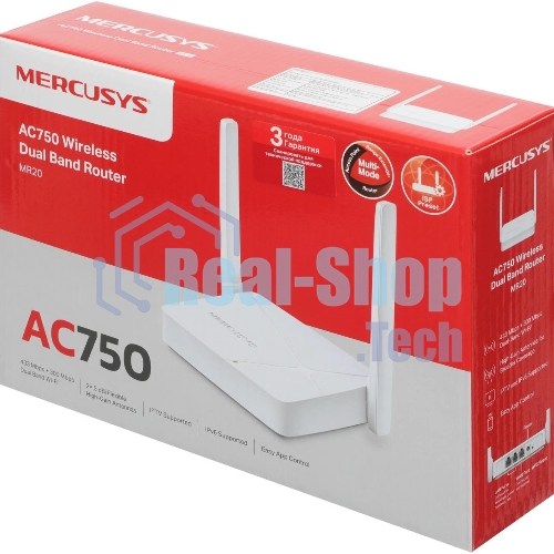 Роутер Mercusys MR20 AC750 Dual-Band Wi-Fi RouterSPEED: 300 Mbps at 2.4 GHz + 433 Mbps at 5 GHzSPEC: 2× Fixed External Antennas, 2× 10/100 Mbps LAN Ports, 1× 10/100 Mbps WAN PortFEATURE: Router/Access Point Mode Mode, WPS/Reset Button, IPTV, IPv6, Parental Controls