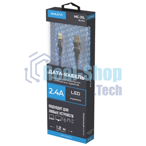 Дата-кабель Maxvi MC-31L USB-Lightning 2.4А, прозрачный корпус, LED подсветка, 1.2м, черный