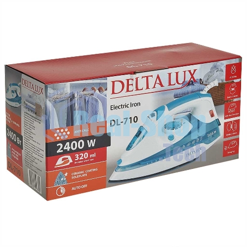Утюг Delta LUX DL-710 белый с серо-голубым, 2400 Вт, 25 г/мин, 130 г/мин, 320 мл