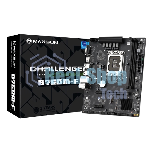 Материнская плата Maxsun Challenger B760M-F, LGA 1700, Intel B760, 2xDDR4, 3xSATA III, 2xM.2, 1xPCIe 4.0 x16, 1xHDMI, 1xVGA, 1xRJ-45 1Gb LAN, 2xUSB 3.2 Gen 1, 4xUSB 2.0, 3x3.5 мм, 5.1, mATX