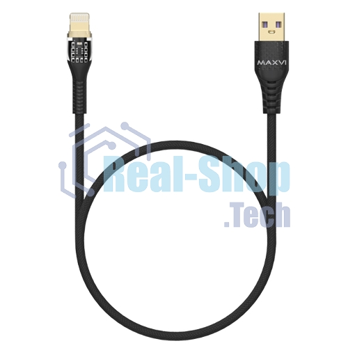 Дата-кабель Maxvi MC-31L USB-Lightning 2.4А, прозрачный корпус, LED подсветка, 1.2м, черный