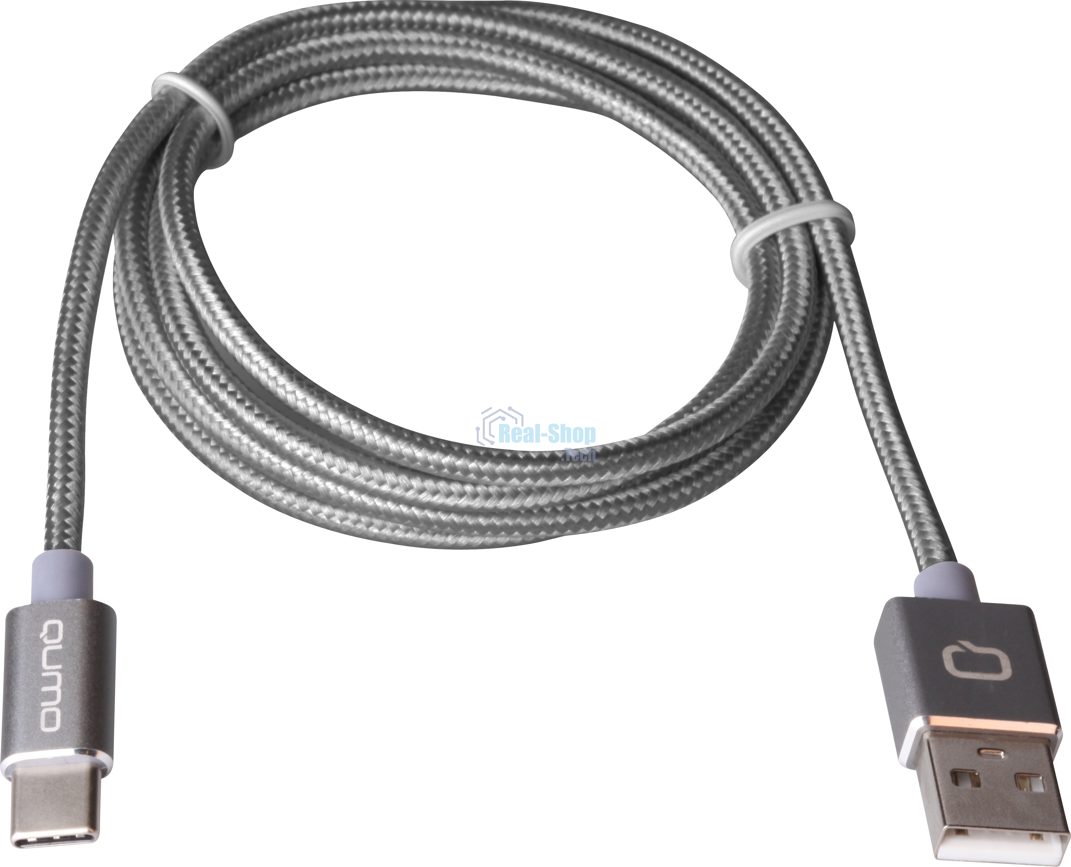 Кабель Qumo Type-С кабель, 1м, USB 2.0, 5В, 2А, 10Вт, тканевая оплетка, стальной коннектор, серый космос