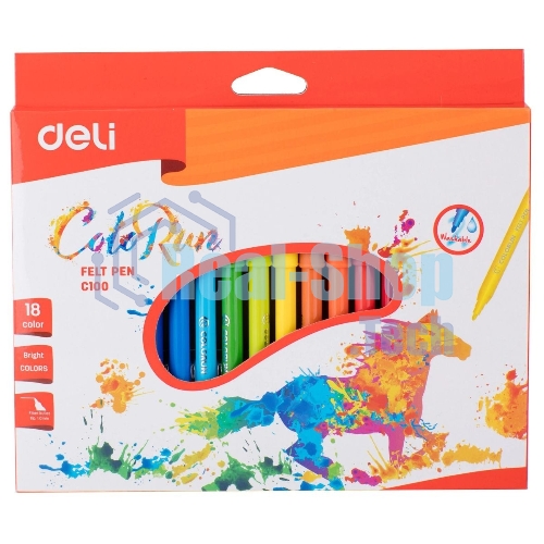 Фломастеры Deli EC10010 ColoRun, вентилируемый колпачок, 18 цветов, коробка с европодвесом