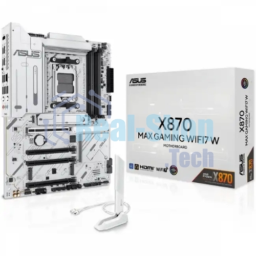 Материнская плата ASUS X870 MAX GAMING WIFI7 W, AM5, AMD X870, 4xDDR5, 4xSATA, 3xM.2, 1xPCIe 5.0 x16, 2xPCIe 4.0 x16, 1xPCIe 3.0 x16, 1xHDMI, 2xUSB Type-C (Display), 1x2.5Gb LAN, Wi-Fi 7, Bluetooth 5.4, 2xUSB-C 40Gbps, 1xUSB-A 10Gbps, 3xUSB-A 5Gbps, 4xUSB-A 2.0, 3x3.5 мм, 7.1, ATX