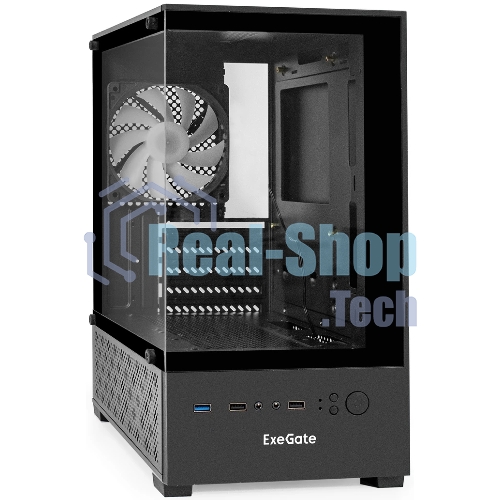Компьютерный корпус Minitower ExeGate i3 SEA (mATX, без БП, 1*USB+1*USB 3.0, HD аудио, черный, 1 вент. 12см с RGb подсветкой, передняя и боковая панели - закаленное стекло)