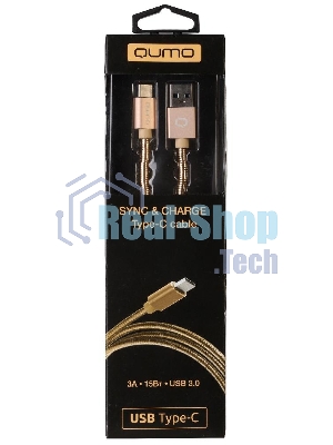 КабельQumo Type-С кабель, 1м, USB 3.0, 5В, 3А, 15Вт, металлическая оплетка, металлический коннектор, золотой