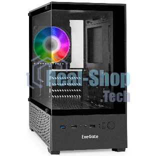 Компьютерный корпус Minitower ExeGate i3 SEA (mATX, без БП, 1*USB+1*USB 3.0, HD аудио, черный, 1 вент. 12см с RGb подсветкой, передняя и боковая панели - закаленное стекло)