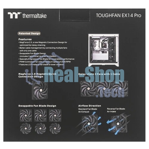 Вентилятор Thermaltake Toughfan EX14 Pro реверсивный 140x140x25mm черный 4-pin 31.6-34.1dB Ret (CL-F172-PL14BL-A)