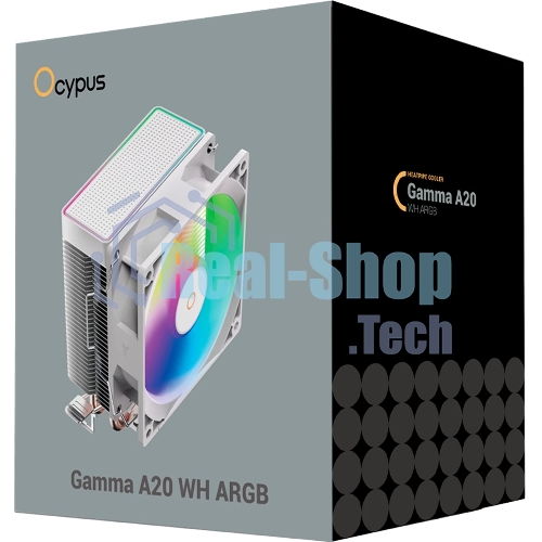 Кулер для процессора Ocypus Gamma A20 WH ARGB, 92mm FARGB FAN, Top FARGB Panel, 2 HEAT PIPES, 3-PIN, 1900 RPM, 21DBA, HYDRO BEARING, LGA115X/1200/1700/18XX, AM4/AM5