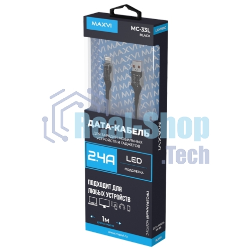 Дата-кабель Maxvi MC-33L USB-Lightning 2.4А, прозрачный корпус, LED подсветка, 1м, черный