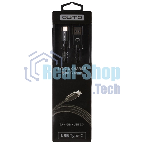 Кабель Qumo Type-С кабель, 1м, USB 3.0, 5В, 3А, 15Вт, металлическая оплетка, металлический коннектор, черный