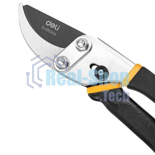 Секатор Deli DL580204 Размер 200 мм. Макс диаметр резки 15 мм. Сталь 55С. Термообработанная поверхность. Тефлоновая уплотненная пластиковая ручка.