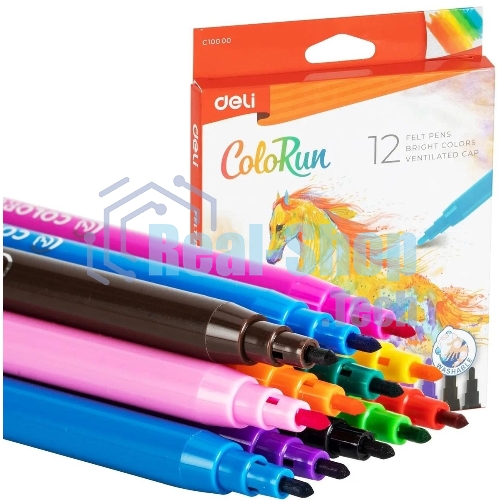 Фломастеры Deli EC10000 ColoRun, вентилируемый колпачок, 12 цветов, коробка с европодвесом