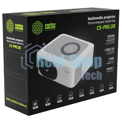 Проектор Cactus CS-PRE.08B.WXGA LCD 1500Lm LS 150Lm ANSI (1280x720) 1000:1 ресурс лампы:30000часов 1xUSB typeA 1xHDMI 0.5кг