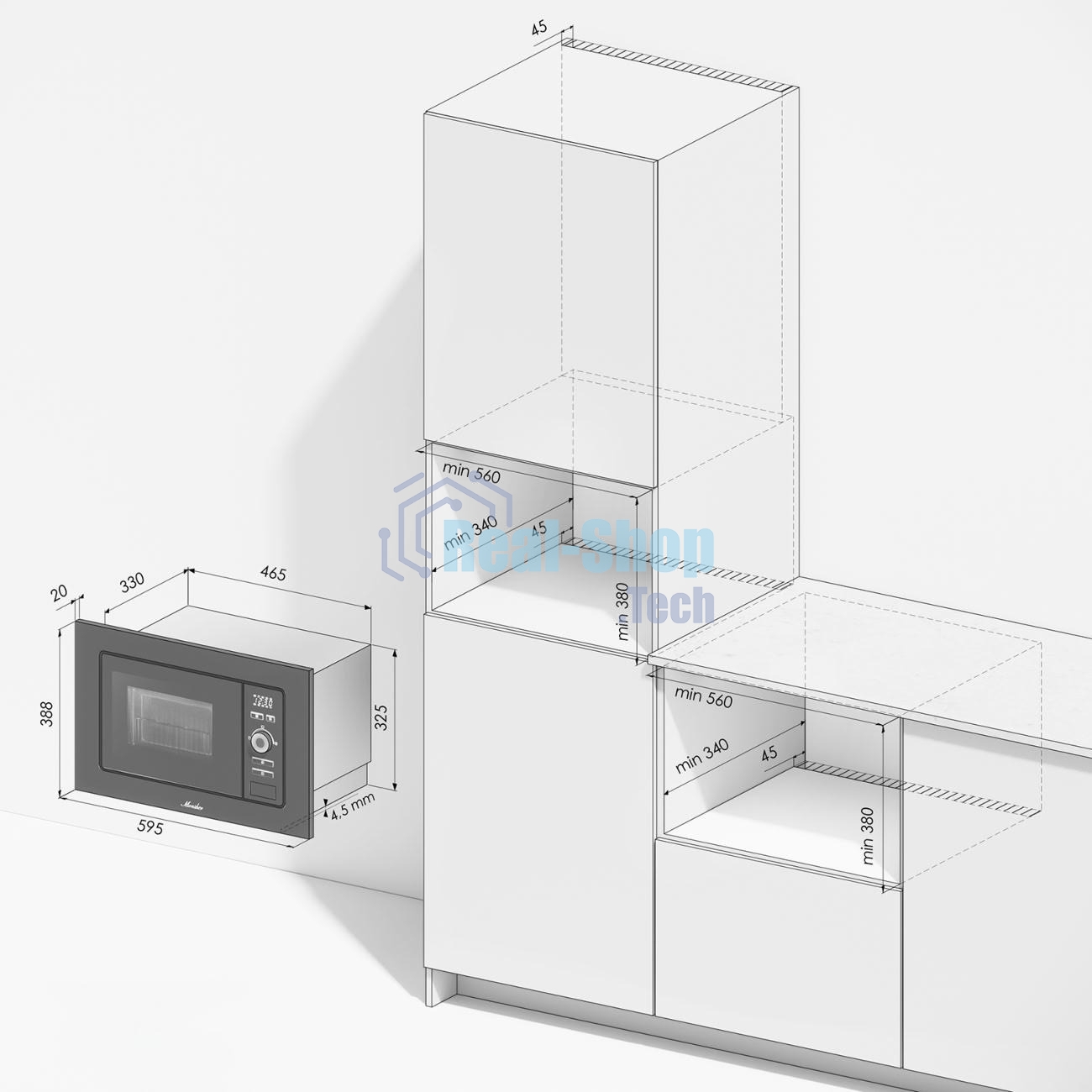 Микроволновая печь встраиваемая MONSHER 201 W 20 л, 800-1250 Вт, гриль, 8 программ, белый