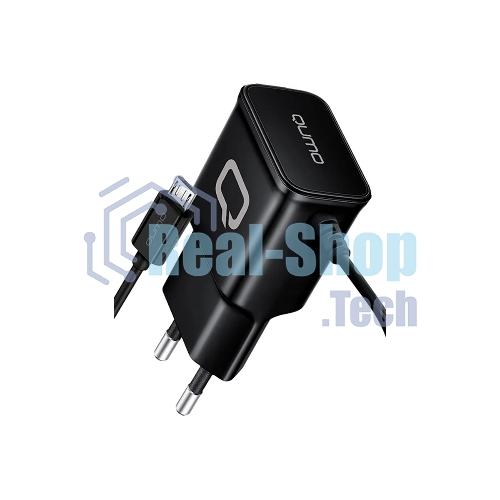 Сетевое зарядное устройство Qumo Energy (Charger 0024) 2.1A, встроенный кабель MicroUSB, черный