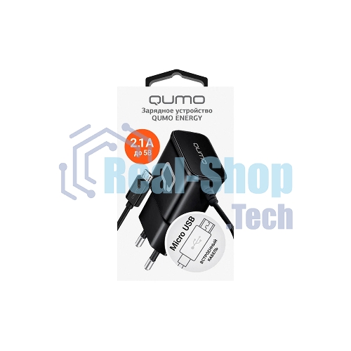 Сетевое зарядное устройство Qumo Energy (Charger 0024) 2.1A, встроенный кабель MicroUSB, черный