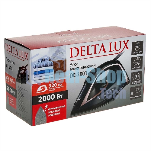 Утюг Delta Lux DE-3001 черный/бронзовым, 2000 Вт, 20±5 г/мин, 130 г/мин, 320 мл