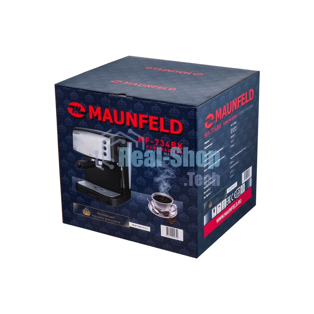 Кофеварка рожковая Maunfeld MF-734BK черный, исп. кофе - молотый/чалды, 1.5 л, 850 Вт, 15 бар