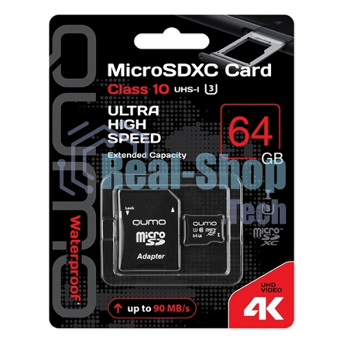 Флеш карта QUMO MicroSDXC 64Gb Class 10 UHS-I U3 черный adp