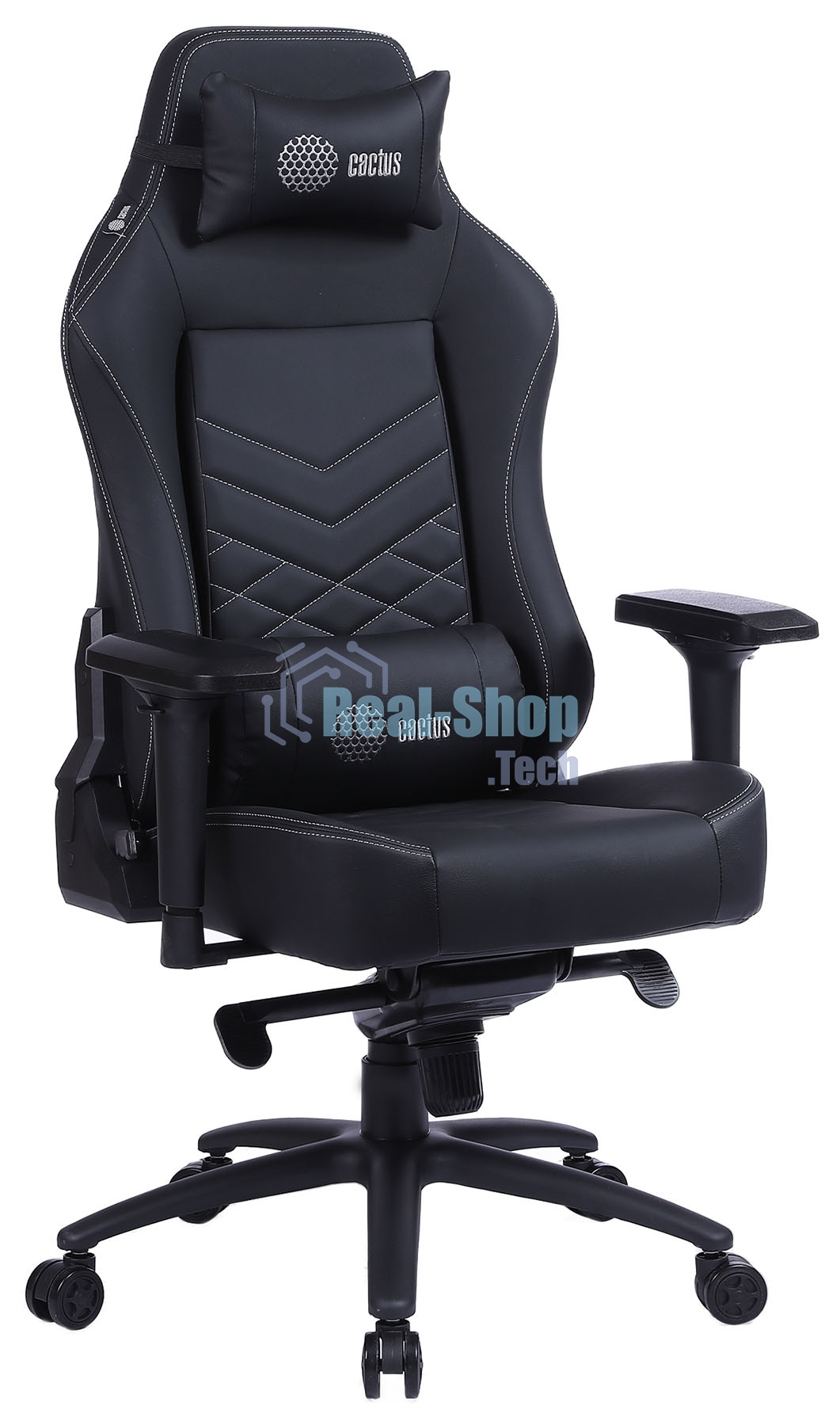 Кресло Cactus CS-CHR-0112BL-M черный, экокожа, 120 кг, подголовник, регулируемые подлокотники, механизм качания
