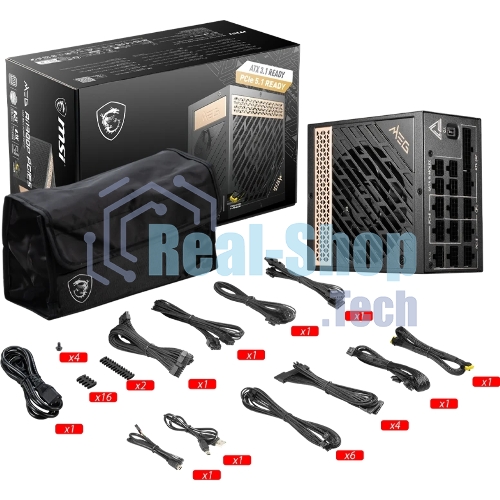 Блок питания MSI MEG Ai1300P (306-7ZP4A11-CE0), 1300Вт, 80 PLUS Platinum, 120мм, модульный, черный/золотой