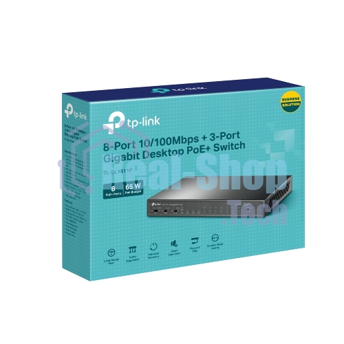 Настольный коммутатор TP-Link TL-SL1311P, 8 портов 10/100 Мбит/с с поддержкой PoE+, 2 гигабитных порта без поддержки PoE, 1 порт SFP, 802.3af/at, бюджет PoE — 65 Вт, стальной корпус