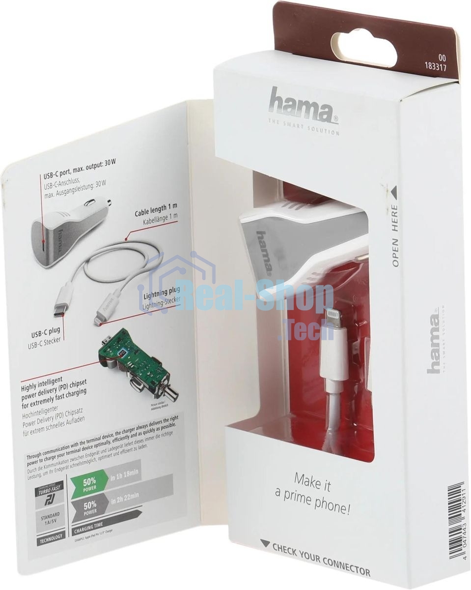 Комплект зарядное устройство Hama H-183317 3A PD для Apple кабель Apple Lightning/Type-C белый