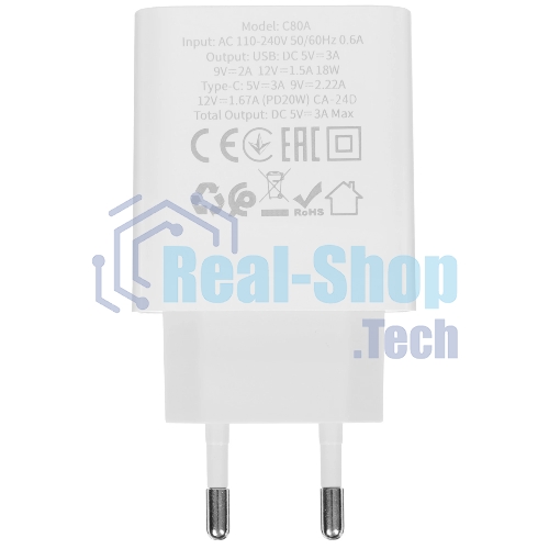 Блок питания (сетевой адаптер) HOCO C80A Rapido PD+QC3.0, 20W два порта (1хUSB-A, 1хType-C), белый